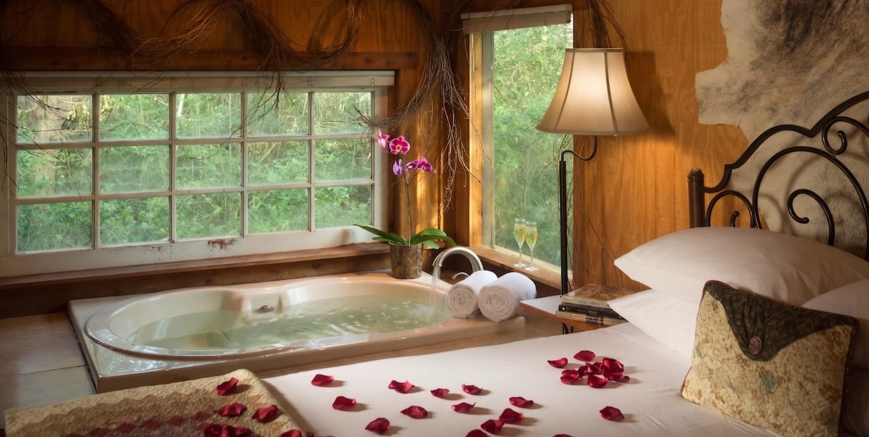 rose petals on a bed in the Enchanted Cabin