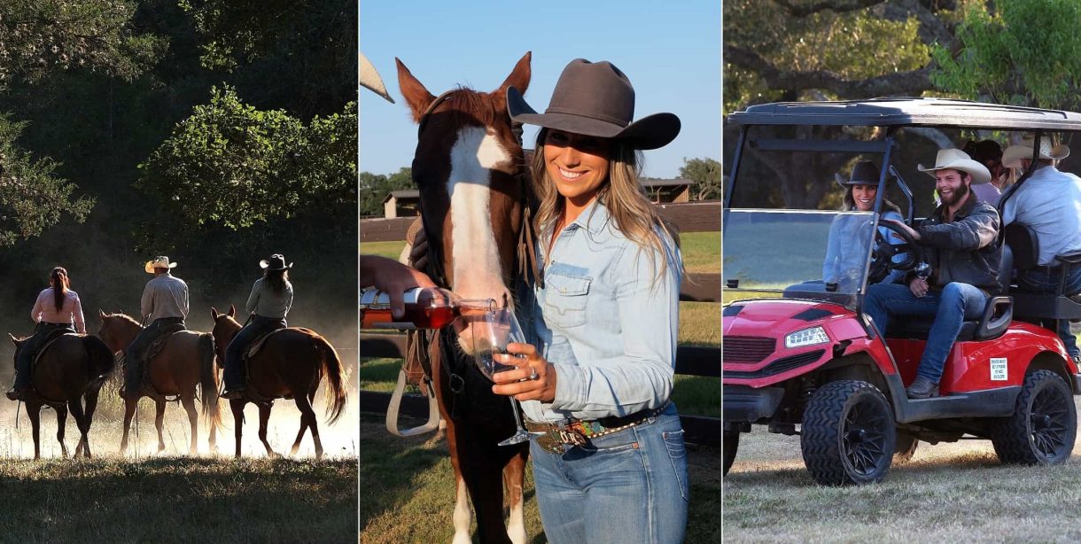 three photo slide of group on horseback ride, woman standing next to horse with a glass of wine, and a group of people on a golf cart ride
